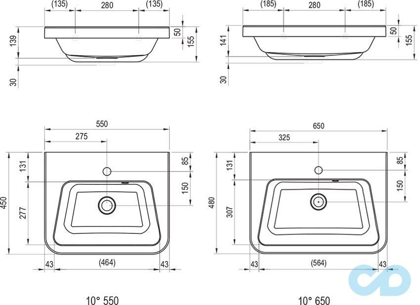 техническая схема Тумба под умывальник Ravak 10° 550 + умывальник 10° X000000733 + XJI01155000