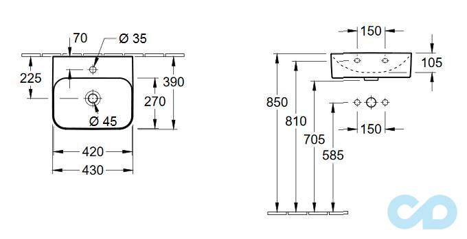 раковина villeroy boch finion 436443r1 размеры
