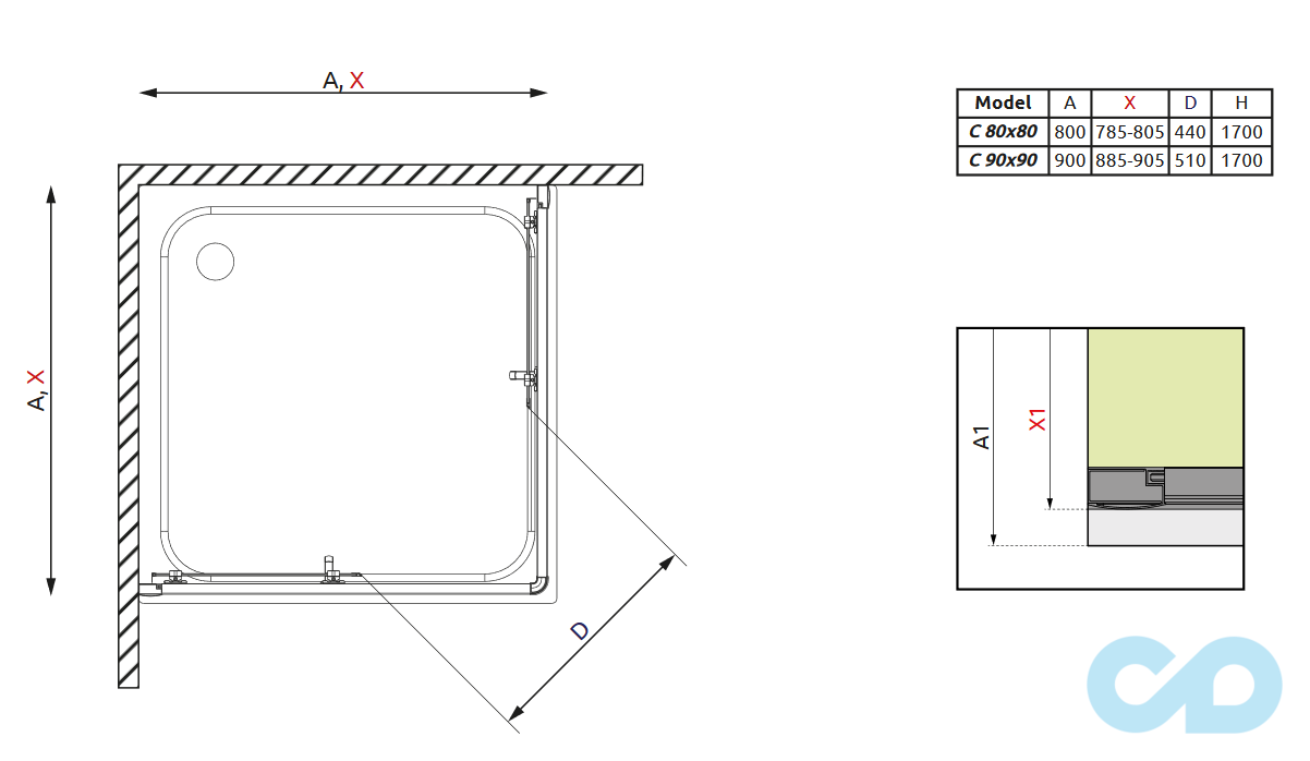 чертеж Душевая кабина Radaway Premium Plus C 1700 80х80 30461-01-01N