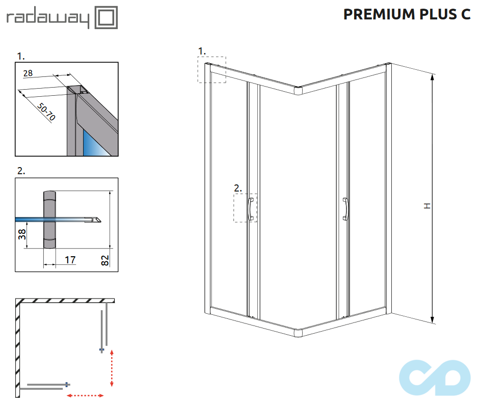 техническая схема Душевая кабина Radaway Premium Plus C 1700 80х80 30461-01-01N