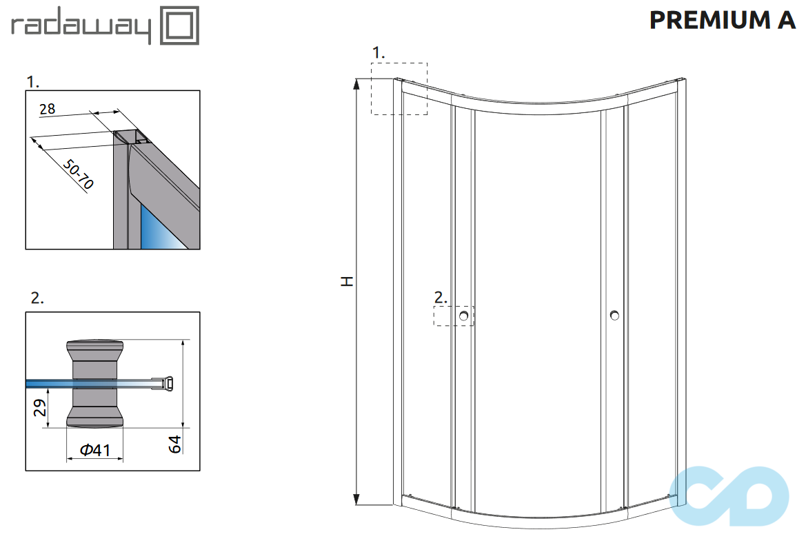 технічна схема Душова кабіна Radaway Premium A 1700 80x80 30411-01-01