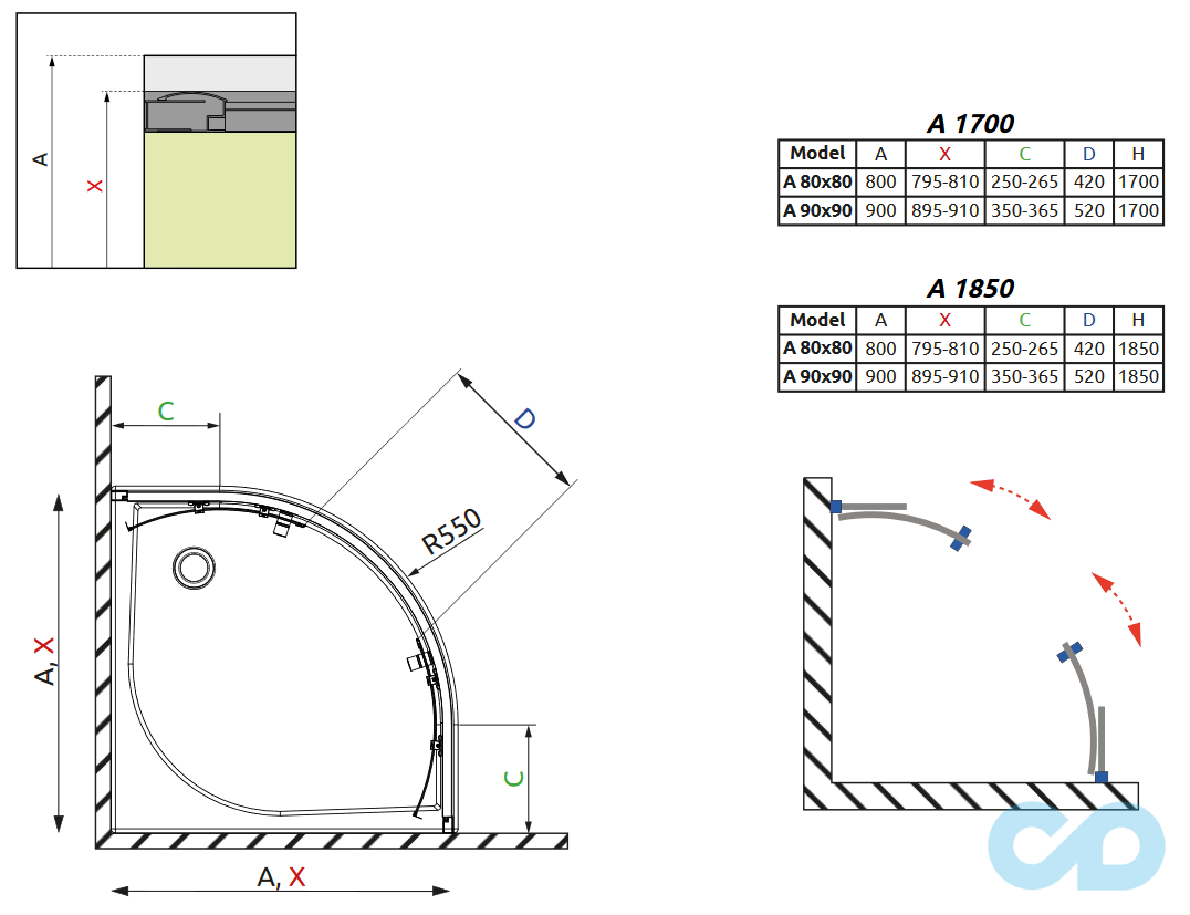креслення Душова кабіна Radaway Classic A 1700 90х90 30001-01-01
