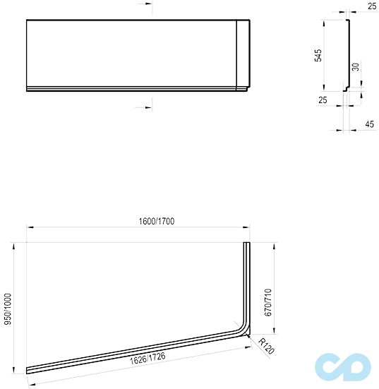 креслення Передня панель для ванни Ravak 10 ° 170 R CZ82100A00
