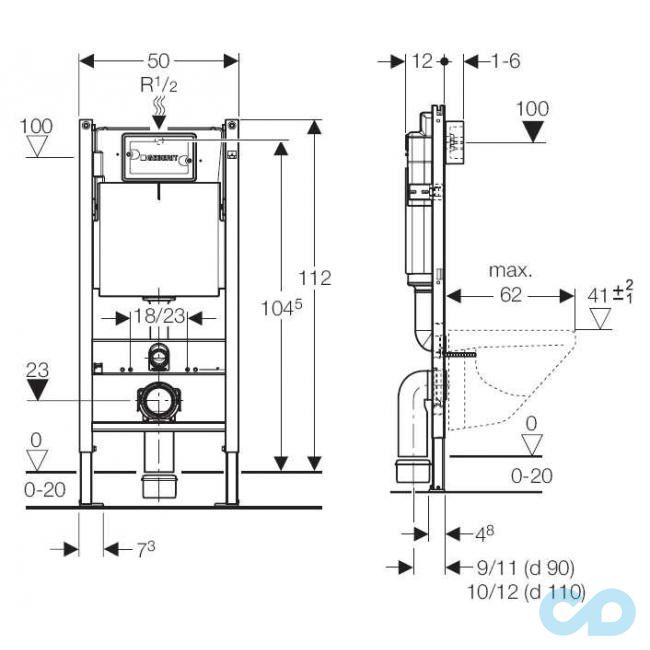 креслення Інсталяція Geberit Duofix 458.126.00.1 4 в 1 + кнопка змиву Delta 115.125.21.1