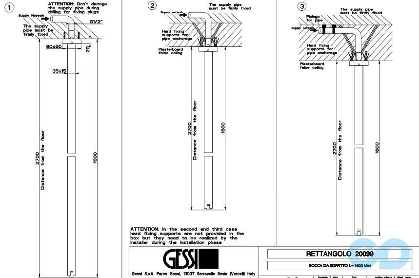 креслення Виливши стельовий Gessi Rettangolo K 20099031