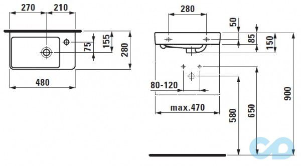 розміри раковина laufen pro s 480х280 мм з отвором справа h8159540001041