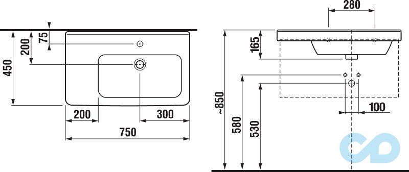 чертеж Раковина Jika Cubito 75 см H8124210001041