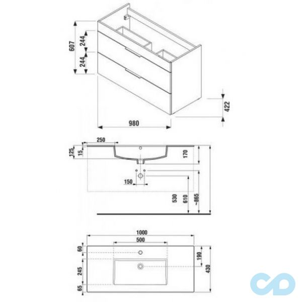 чертеж Тумба с раковиной Jika Cube 100 см H4536521763001