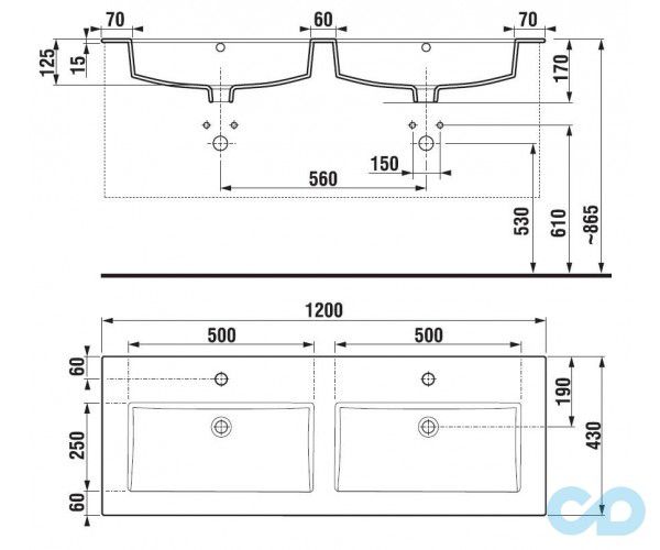 технічна схема Тумба з подвійною раковиною Jika Cube 120 см H4536621763001