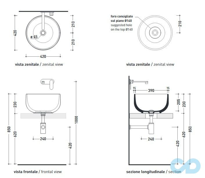 креслення Раковина накладна Flaminia Saltodacqua SD42L