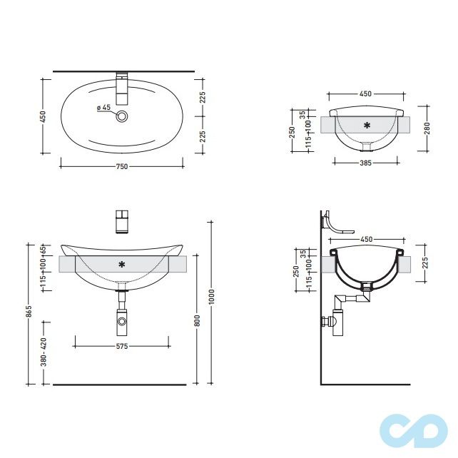 креслення Раковина врізна Flaminia Io IO4275 75x45