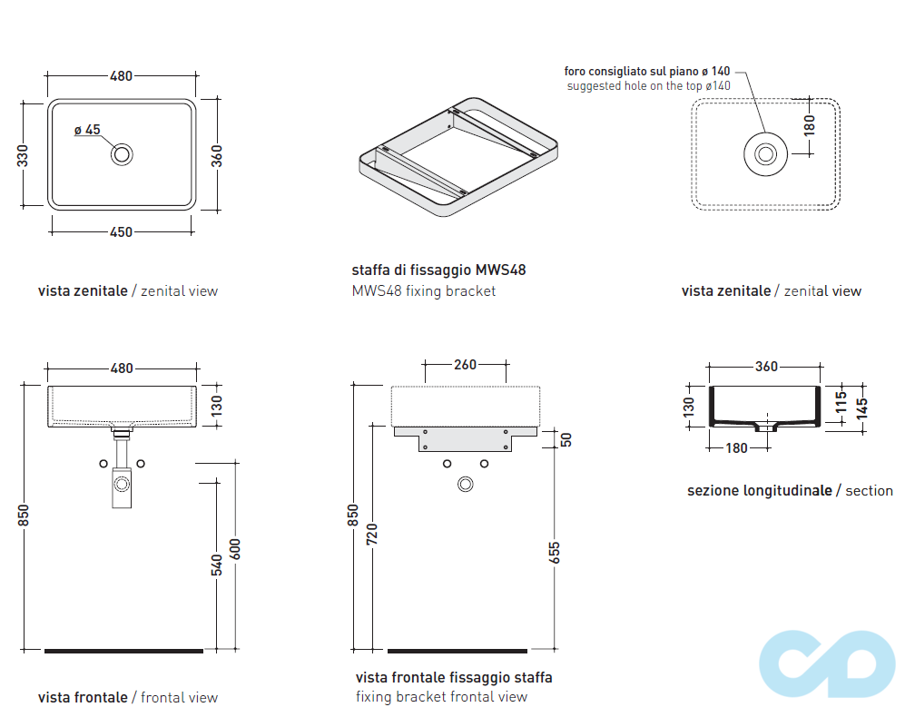 креслення Кронштейн-тримач для раковини Flaminia Miniwash MWS48 хром
