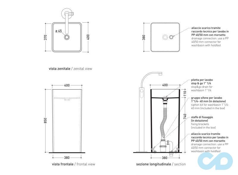 чертеж Раковина напольная Flaminia Monowash MW40C
