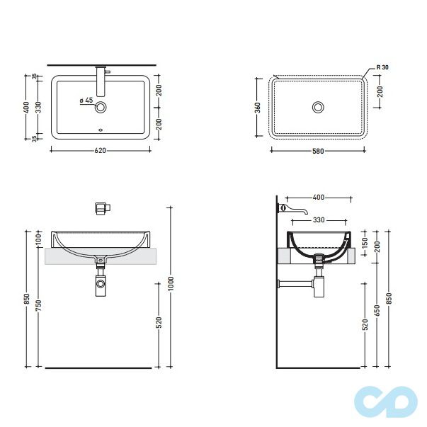 креслення Накладна раковина Flaminia Nile NL62INC