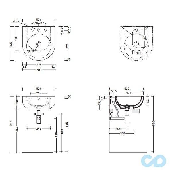 креслення Раковина підвісна Flaminia Pass PS50L