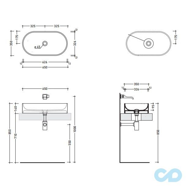 креслення Раковина накладна Flaminia Pass PS65AT