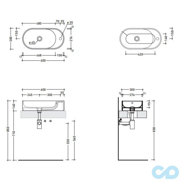 креслення Раковина накладна Flaminia Pass PS60AT