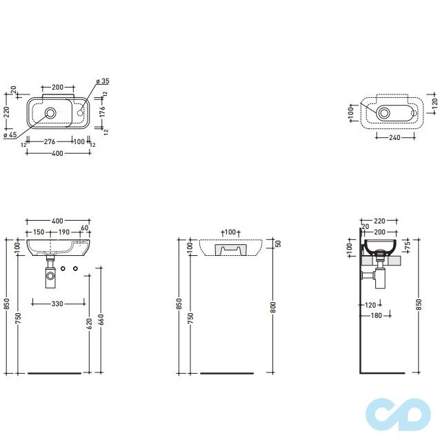 чертеж Раковина подвесная Flaminia Pass PS40LD