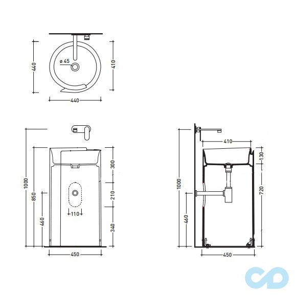 креслення Раковина приставні Flaminia Monoroll MR44P