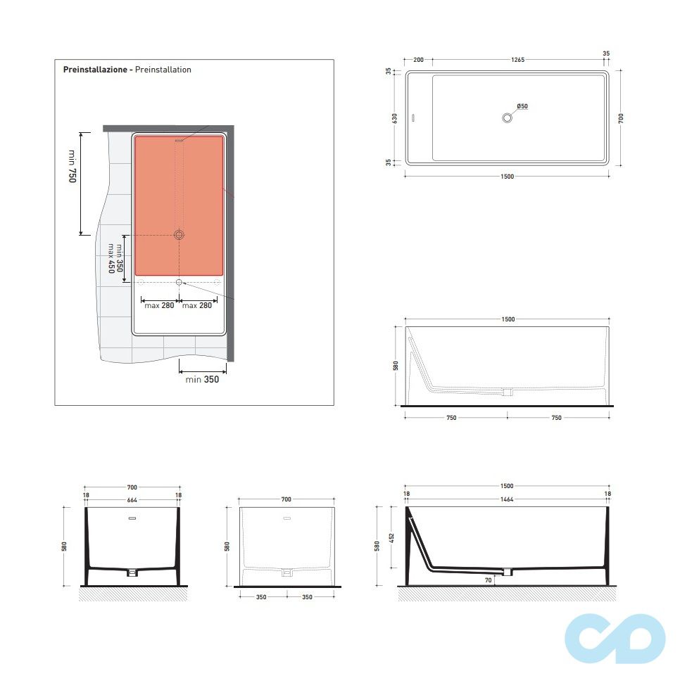 розміри ванна окремостояча flaminia wash mw150 150х70 см