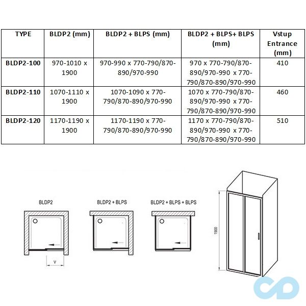 креслення Душові двері Ravak Blix BLDP2-100 0PVA0100ZG Grape