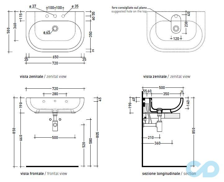 креслення Раковина накладна Flaminia Pass PS72L