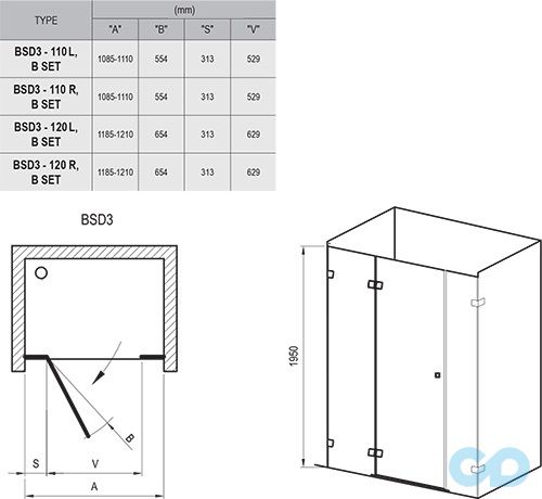 чертеж Душевые двери Ravak Brilliant BSD3-110 0ULD0A00Z1