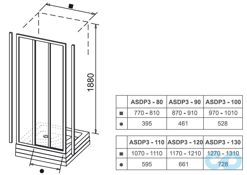 креслення Душові двері Ravak Supernova ASDP3-90 00V70102Z1 білий + transparent