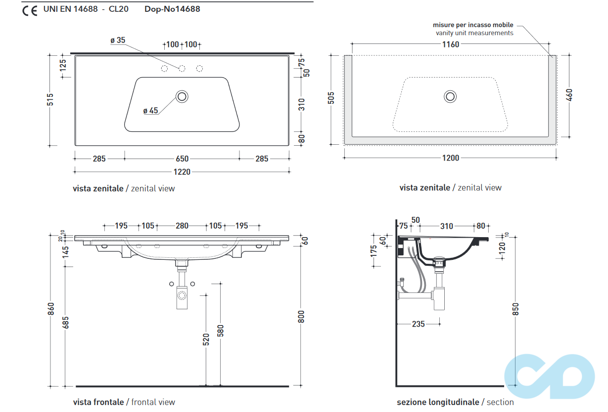 креслення Раковина - стільниця Flaminia Bloom BM120L