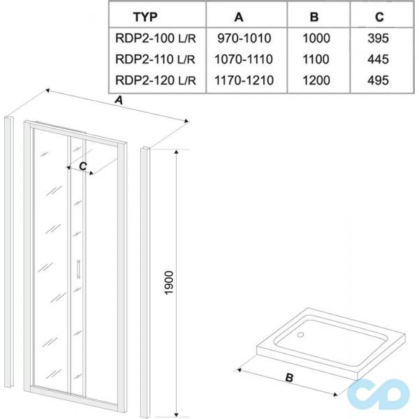 чертеж Душевые двери Ravak Rapier NRDP2-110 0NND010LZ1 белый+transparent