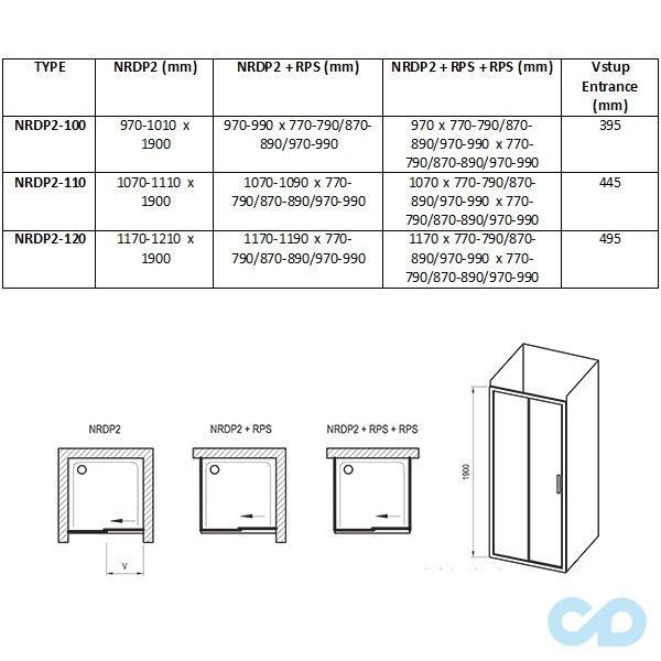 креслення Душові двері Ravak Rapier NRDP2-120 0NNG0U0LZ1 сатин + transparent
