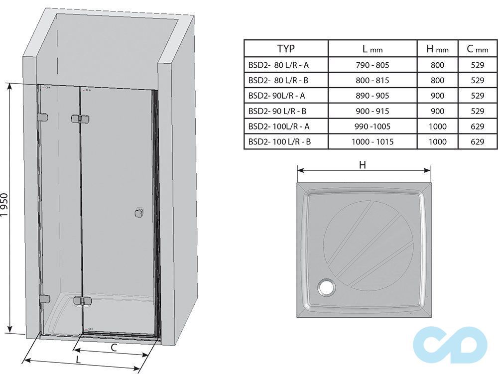 креслення Душові двері Ravak Brilliant BSD2-90 0UL7AA00Z1 хром + transparent