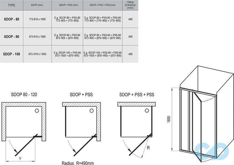 креслення Душові двері Ravak Supernova SDOP-80 03V4010011 білий + pearl