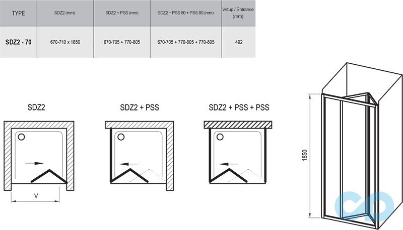 креслення Душові двері Ravak Supernova SDZ2-70 01V10100ZG білий + grape