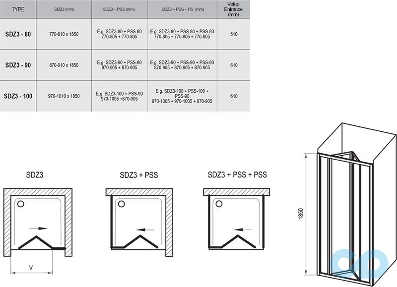 креслення Душові двері Ravak Supernova SDZ3-100 02VA010011 білий + pearl