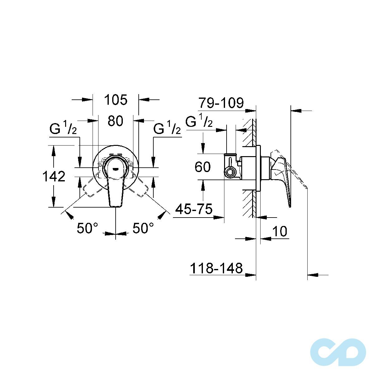 креслення Комплект монтажу гігієнічного душа Grohe Bau Flow 121645 