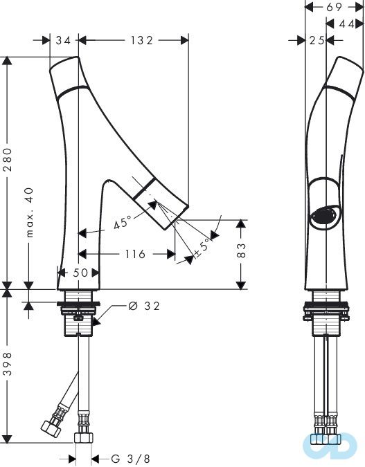 розмір змішувач для раковини axor starck organic 12011000