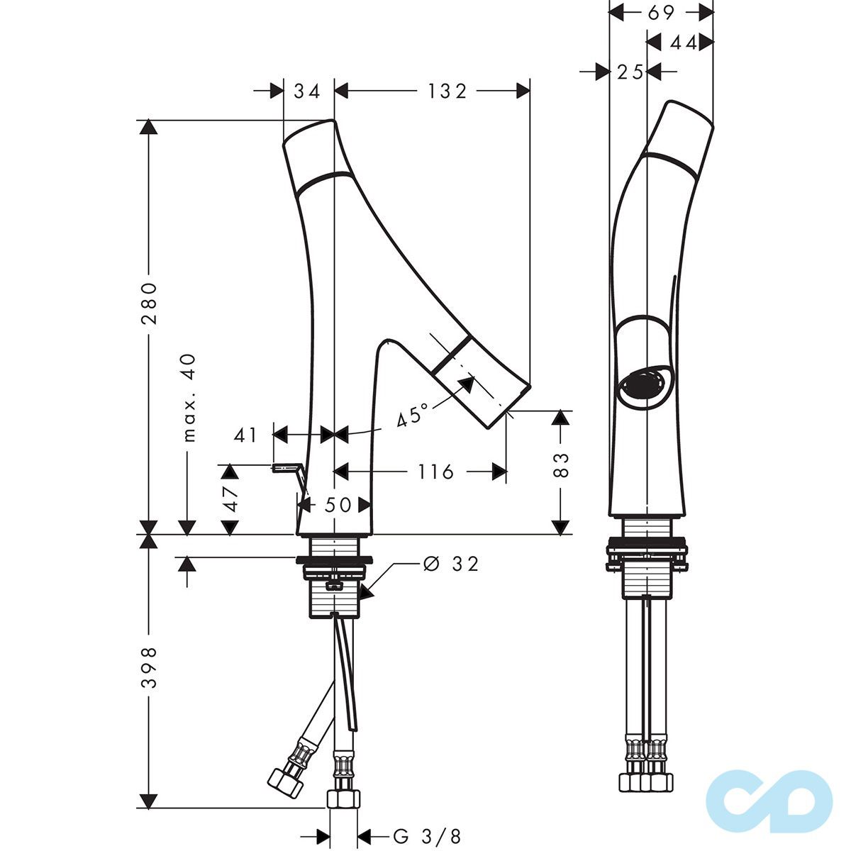 розмір змішувач для раковини axor starck organic 12010000