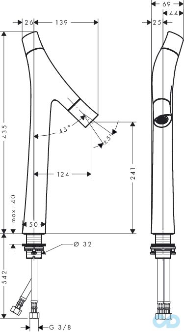 креслення Високий змішувач для раковини Axor Starck Organic 12013000