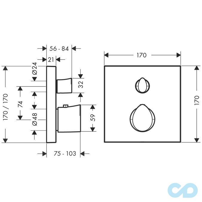 креслення Термостат з запірним вентилем Axor Starck Organic 12715000