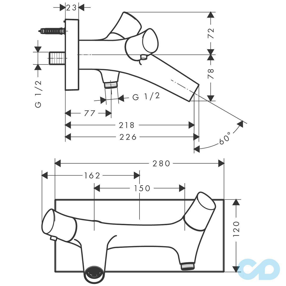 размер смеситель для ванны с термостатом axor starck organic 12410000
