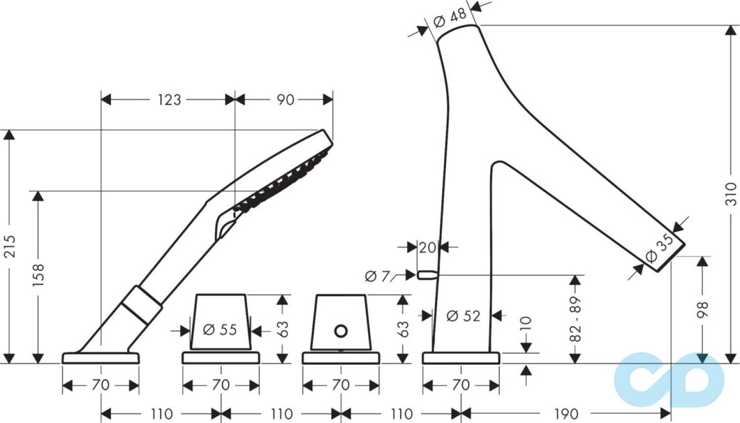 розмір змішувач на борт ванни axor starck organic 12425000
