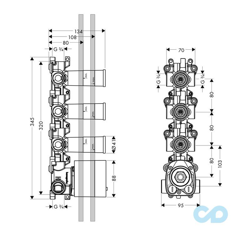 креслення Прихована монтажна частина для змішувача Axor ShowerCollection 10750180