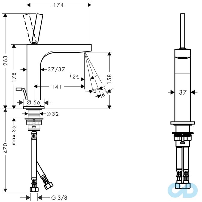 розмір змішувач для раковини axor citterio 39031000