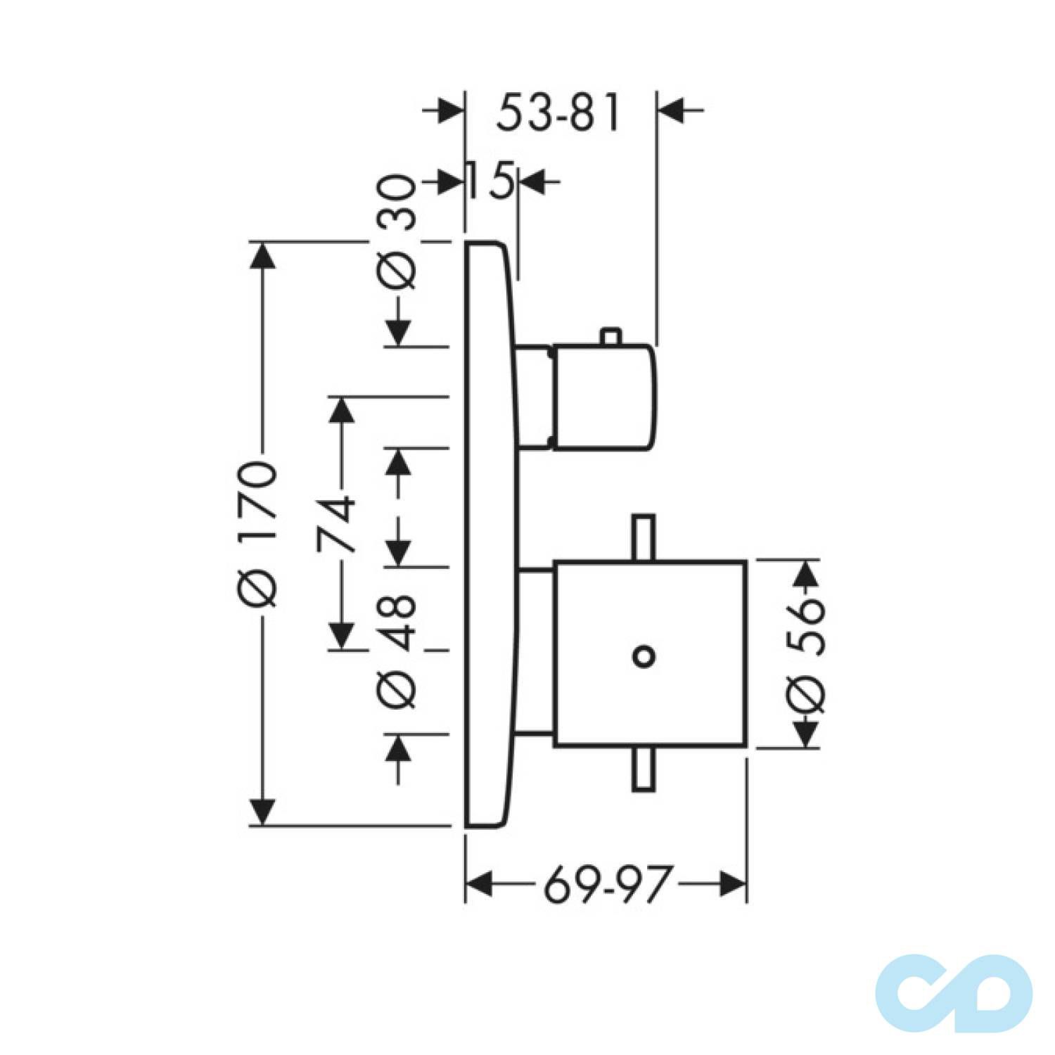 креслення Змішувач для ванни Axor Starck 10720000 з термостатом