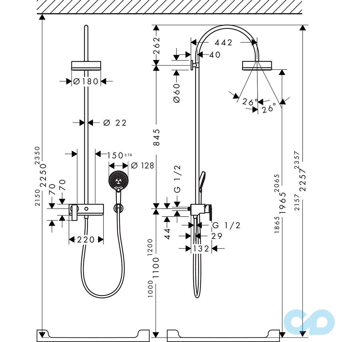 креслення Душова система Axor Citterio Showerpipe 39620000