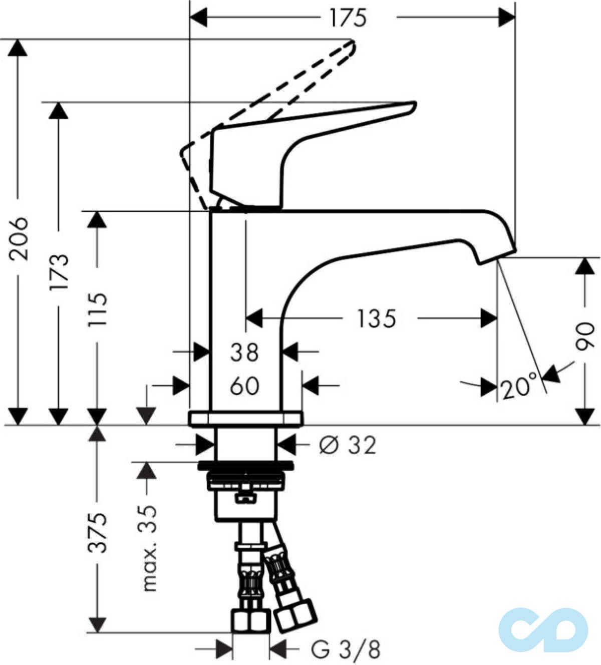 розміри змішувач для раковини axor citterio e 36112000