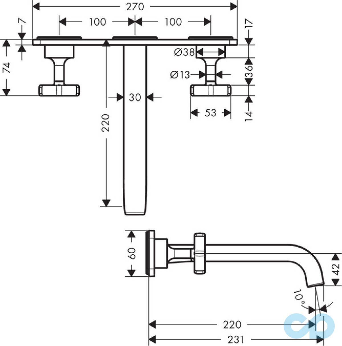 розмір змішувач для раковини axor citterio e 36115000