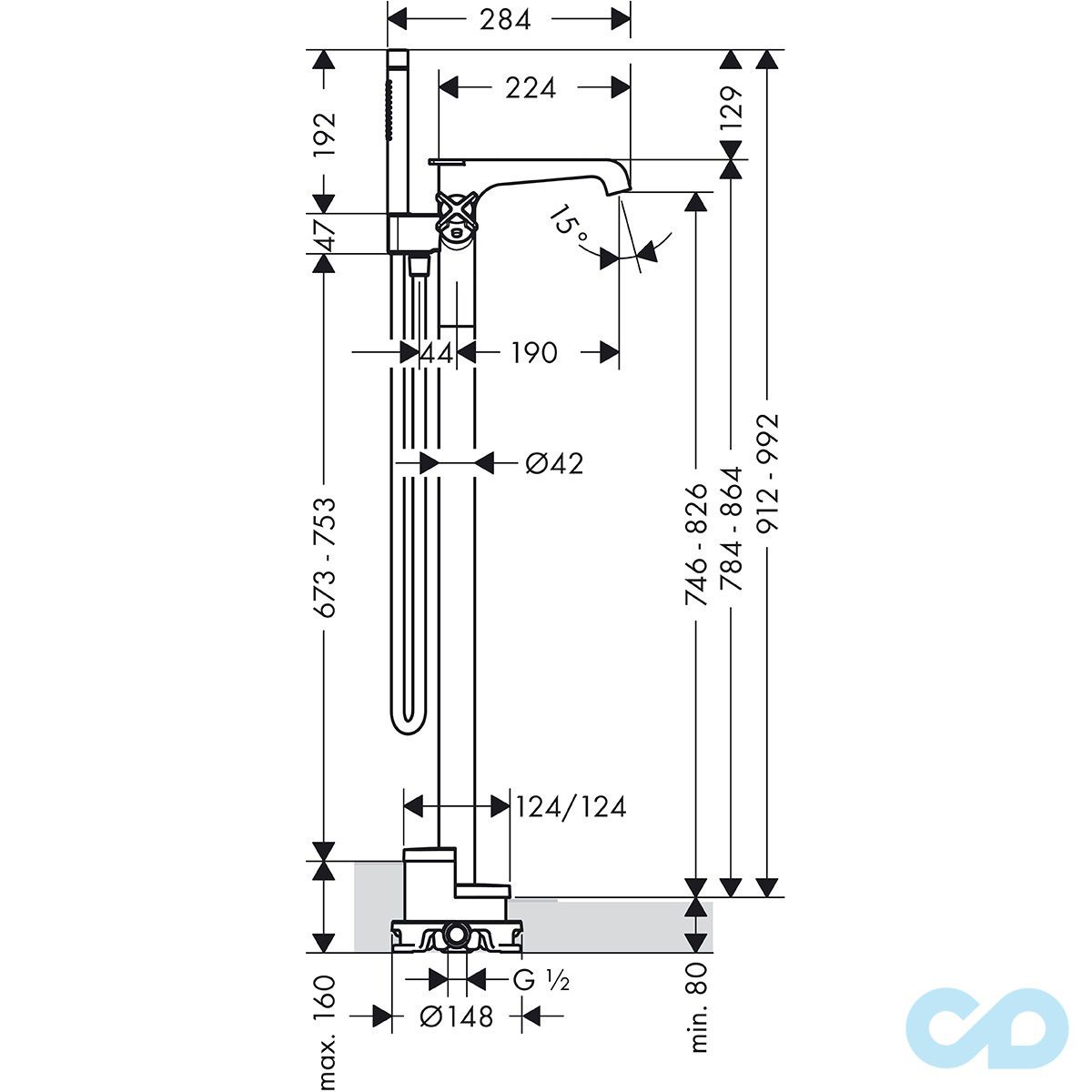 розмір підлоговий змішувач для ванни axor citterio e 36416000