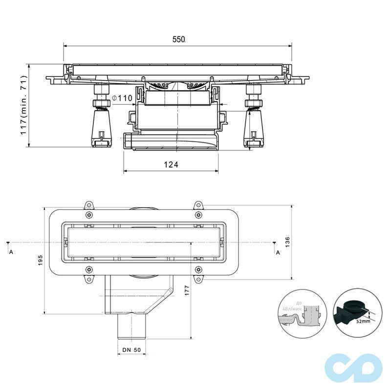 креслення дренажний канал Pestan Confluo Premium White Glass Line 550мм 13000282